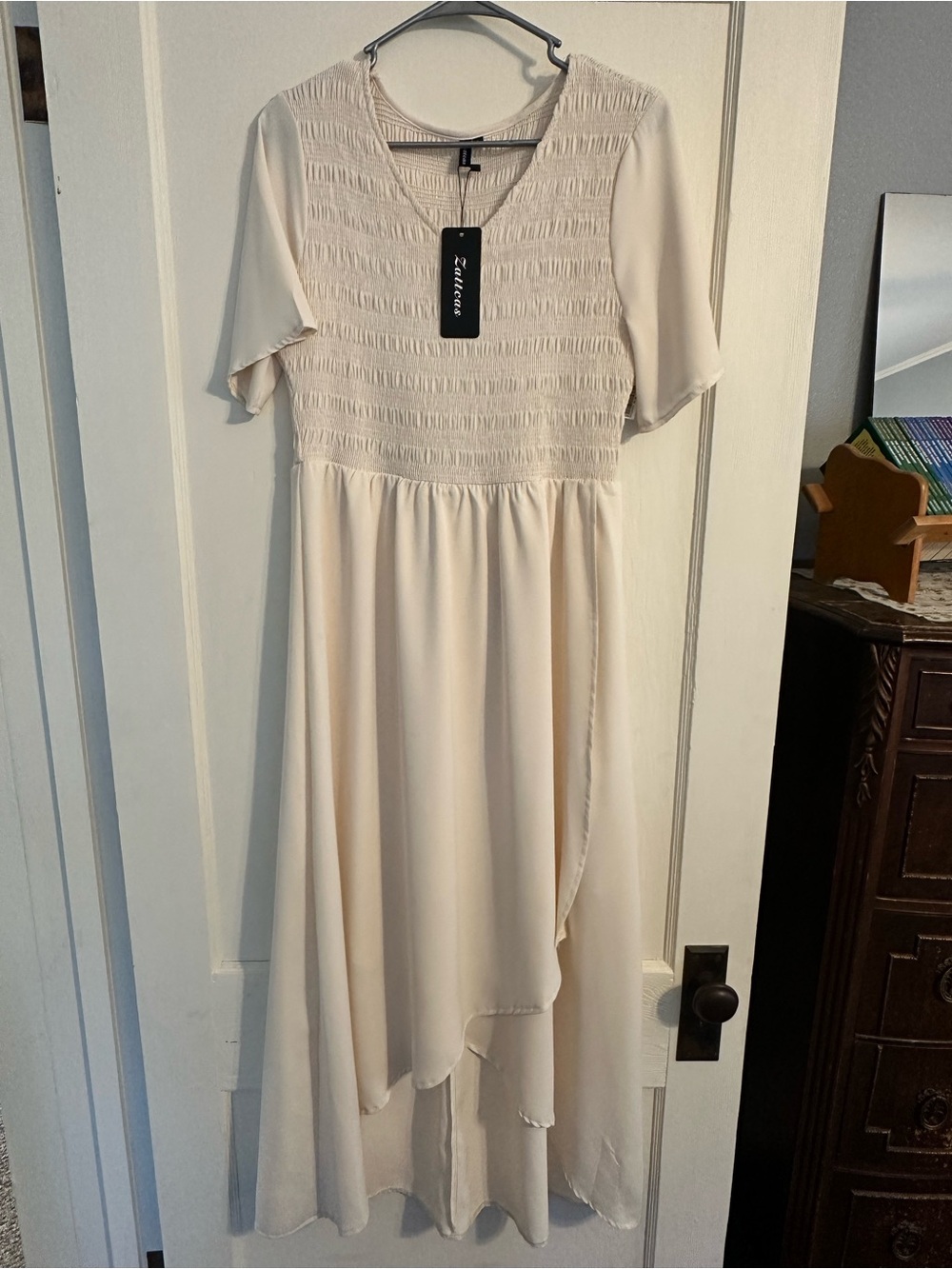 Zattcas Soft Cream High-Low Smocked Bodice Dress